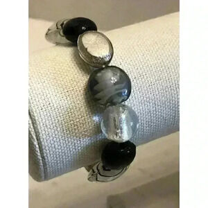 Pretty Beaded Stretch Bracelet Black Gray Silver White Art Glass Beads Lampwork